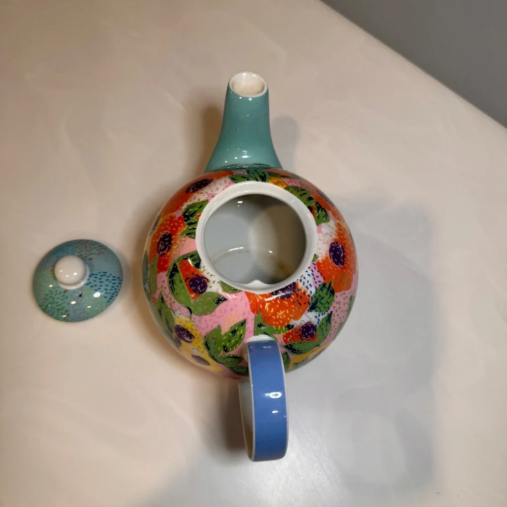 Oliver Bonas Floral Teapot Ceramic Pink Blue Orange Abstract Tea‎ Pot UK Design